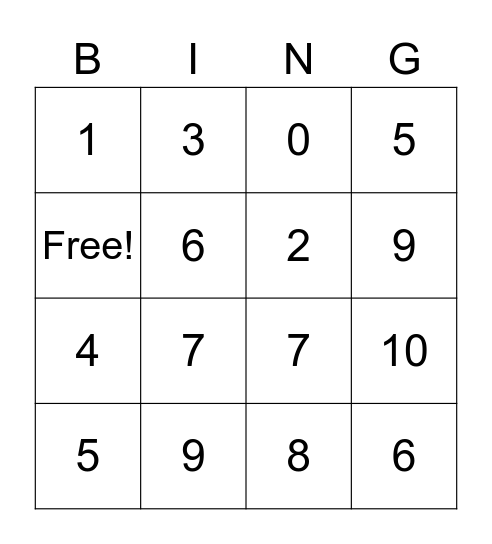 Chinese numbers Bingo Card