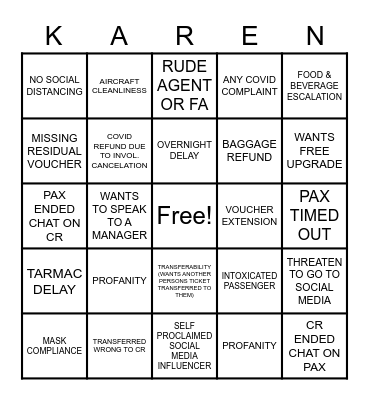 Chat 2020 Bingo aka Karen Bingo Card