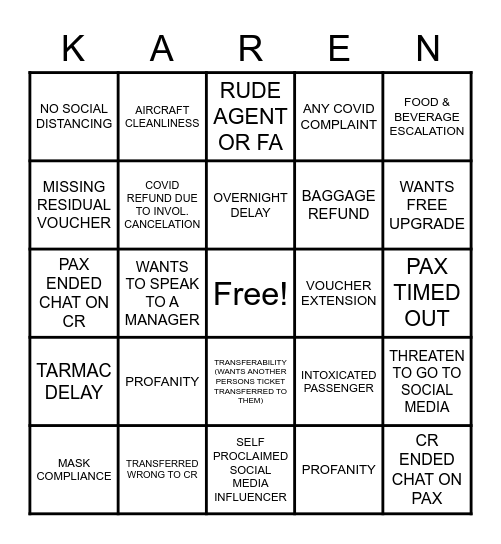 Chat 2020 Bingo aka Karen Bingo Card