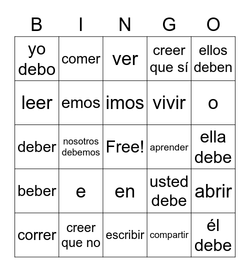 ER/IR Verbs Bingo Card