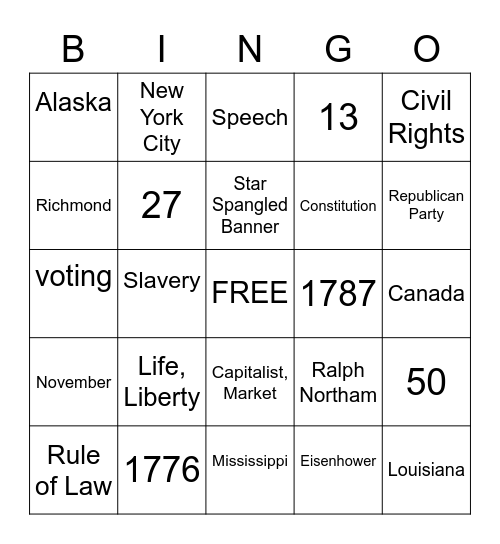 Citizenship Bingo Card