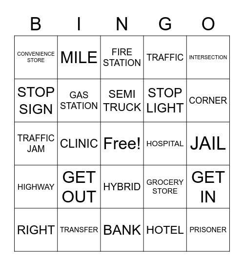 Transportation/Around the Towns Bingo Card