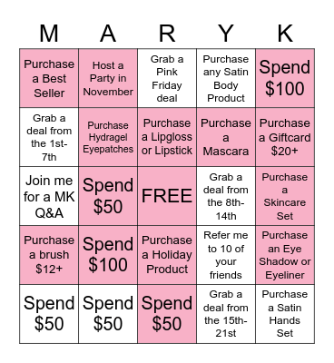 Mary Kay Bingo Card