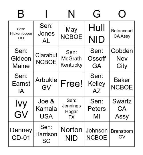 Election 2020 Bingo Card