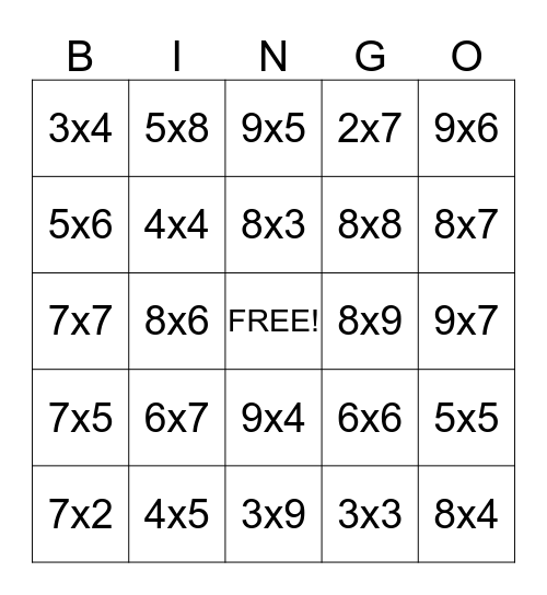 Multiplication Bingo Card