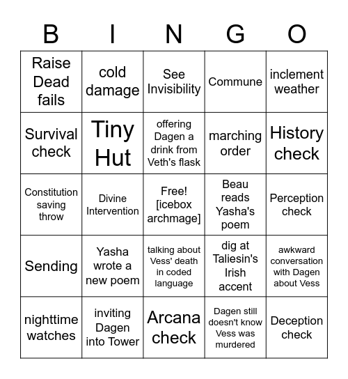 Fleeing Town In A Totally Not-At-All-Suspicious Manner [Critical Role 2.115] Bingo Card
