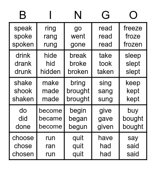 Irregular Verbs Song Bingo Card