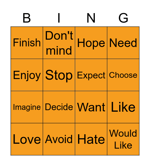 Verb patterns Bingo Card