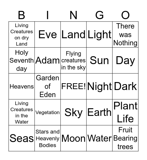 Creation Bingo Card