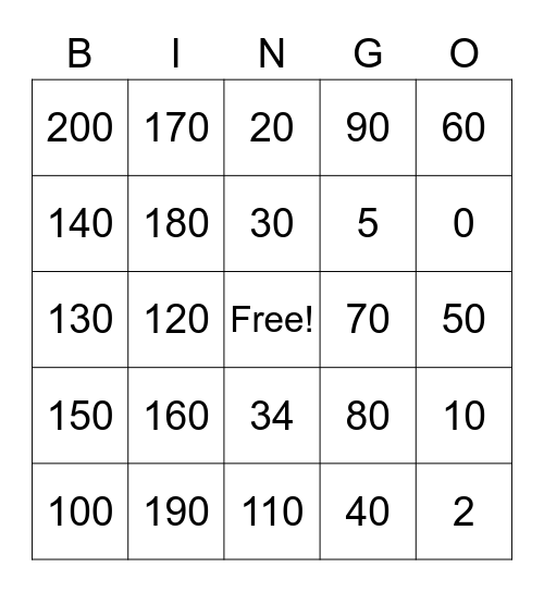 Number Bingo 0-200 Bingo Card