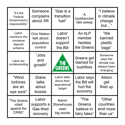Climate Action Debate Bingo Card