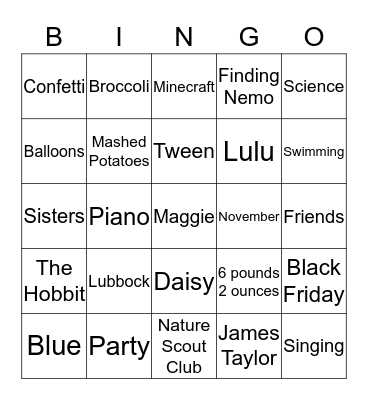 Maggie's 12th Birthday Bash Bingo Card