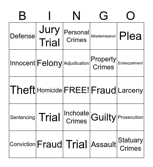 Criminal Law Bingo Card