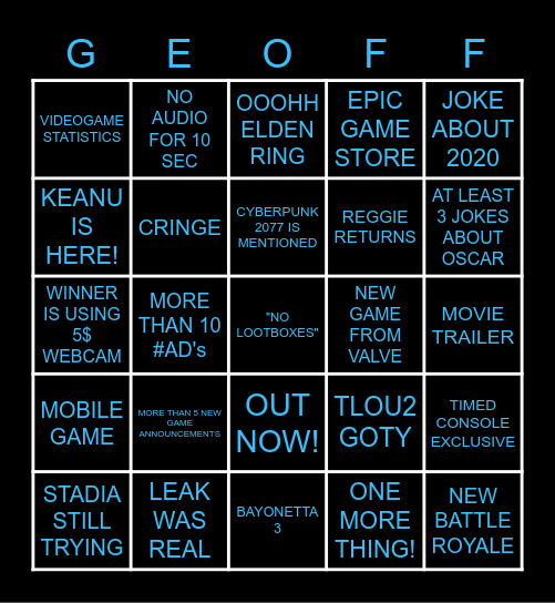 TGA 2020 STAY HOME EDITION Bingo Card