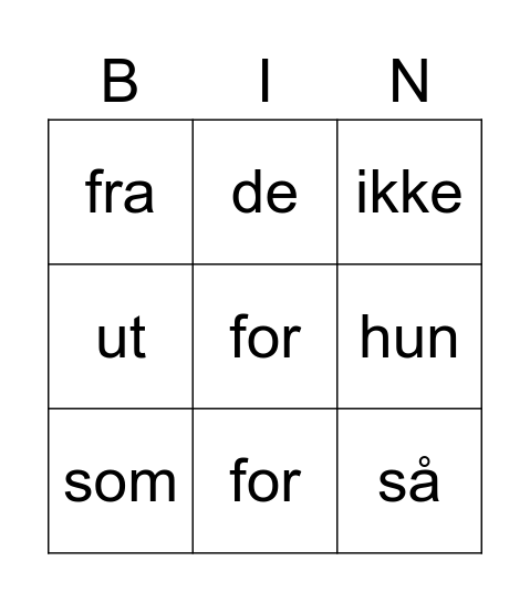 Høyfrekvente ord Bingo Card
