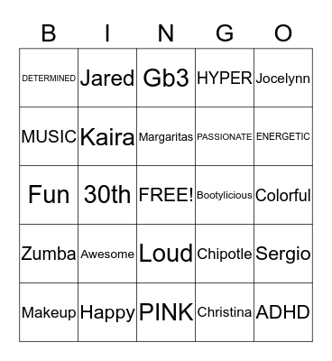 Christina's 30th Birthday  Bingo Card