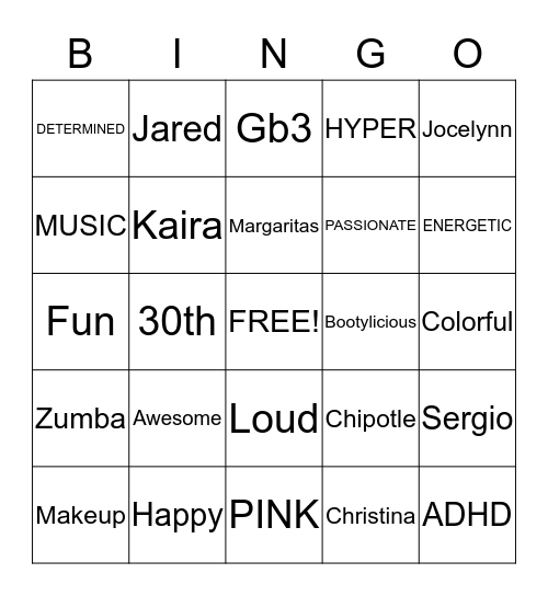 Christina's 30th Birthday  Bingo Card