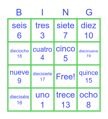 Spanish Numbers Bingo Card
