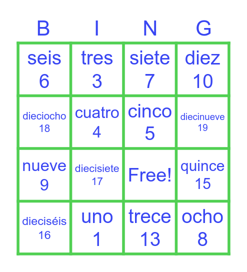 Spanish Numbers Bingo Card