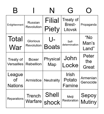 World War I Bingo Card
