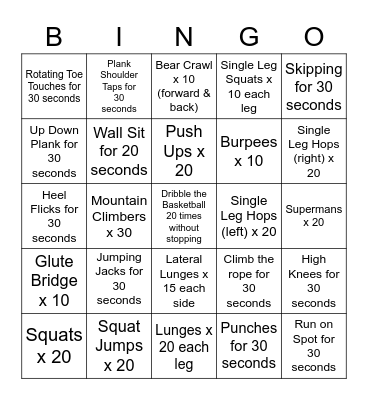 Fitness Bingo Card