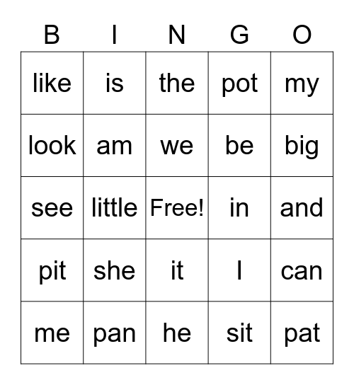 Sight Words Bingo Card