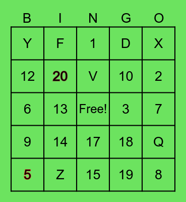 Numbers 1 - 20 (and a few letters) Bingo Card
