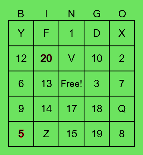 Numbers 1 - 20 (and a few letters) Bingo Card