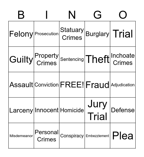 Criminal Law Bingo Card