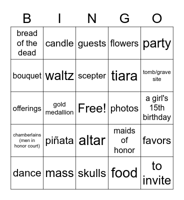 Día de los Muertos y la Quinceañera Bingo Card