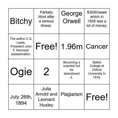 Aldous Huxley Bingo Card