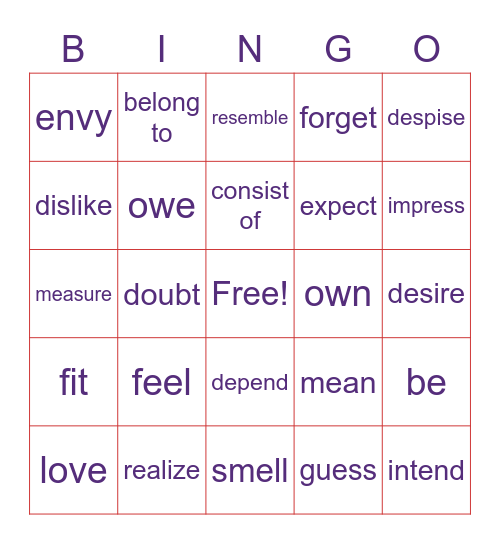 Verbs rarely used in the Continuous - Bingo Card