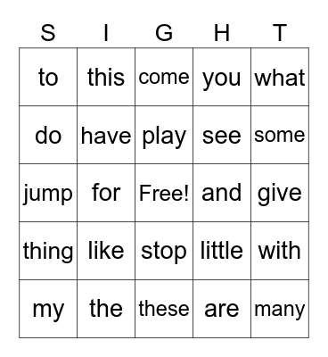 Sight Words Bingo Card