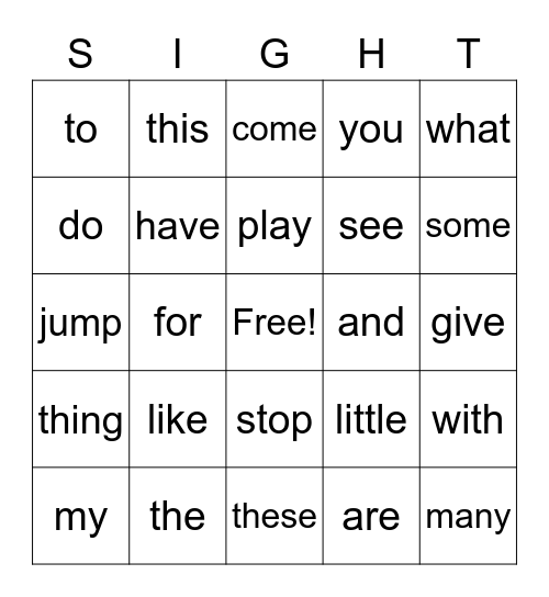 Sight Words Bingo Card