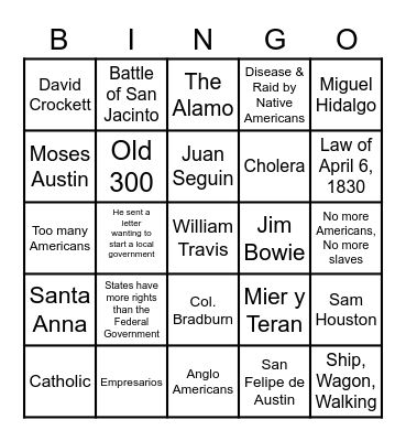 Texas Revolution Bingo Card