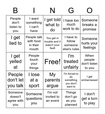 I GET ANGRY WHEN Bingo Card