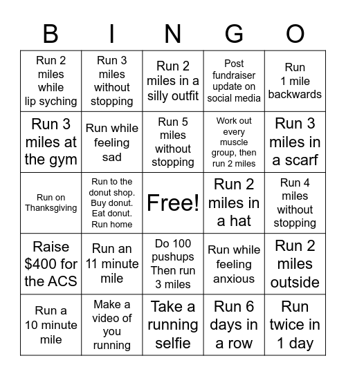ACS 60 mile challenge Bingo Card