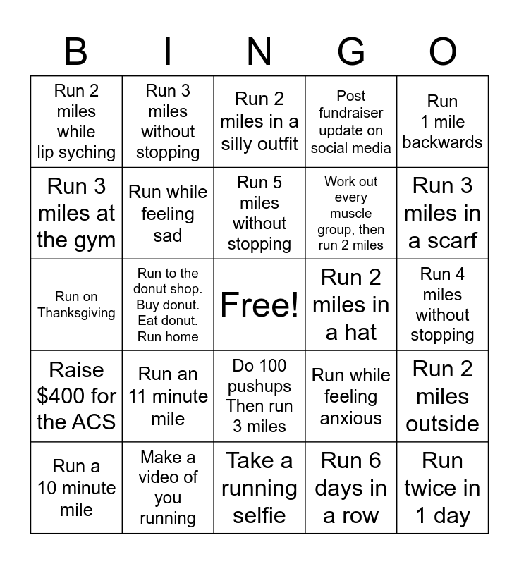 ACS 60 mile challenge Bingo Card