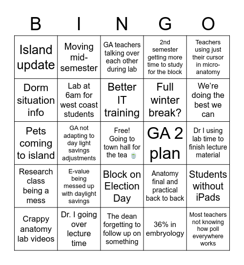 Town hall bingo Card