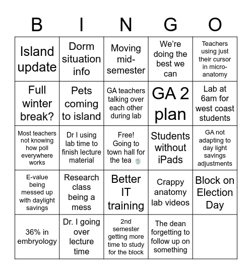 Town Hall Bingo Card