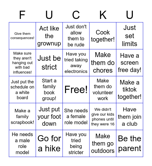 Unsolicited Parenting Commentary: Teen Years Bingo Card