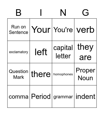 Language Arts Bingo! Bingo Card