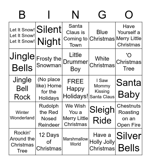 Home Depot Christmas Songs Bingo Card