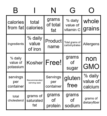 Food label BINGO Card