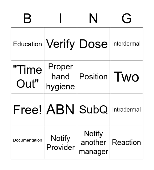 Vaccine/Injection Bingo Card