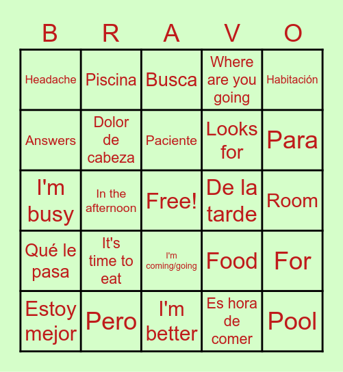 6th Muzzy 4 Vocabulario Bingo Card