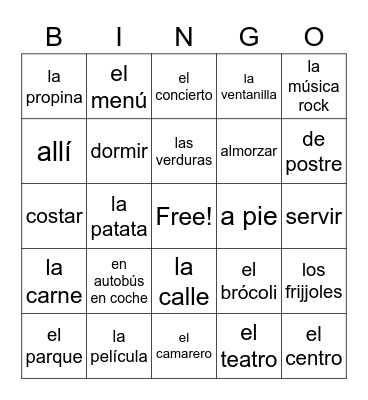 Unidad 4, Lección 2 Vocab Words Bingo Card