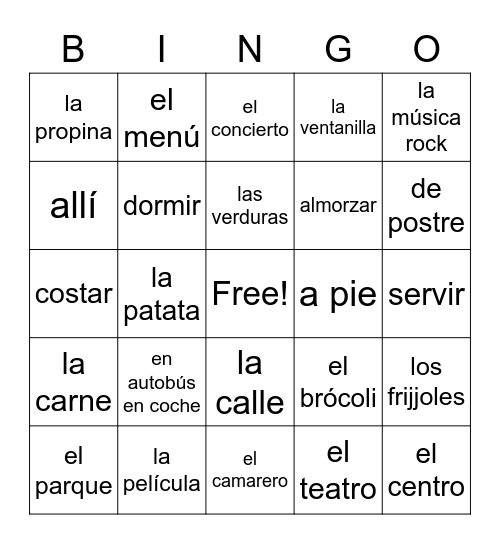 Unidad 4, Lección 2 Vocab Words Bingo Card