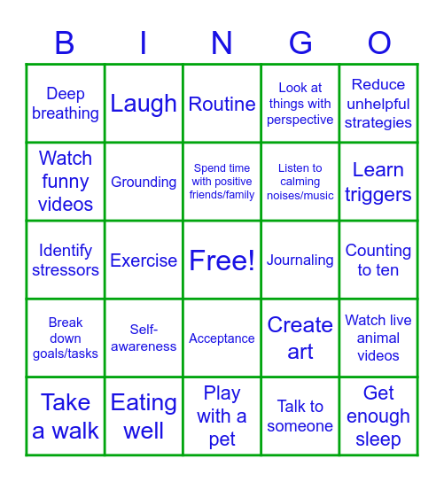 Anxiety Coping Strategies Bingo Card