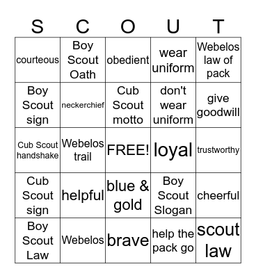 Webelos Bingo Card